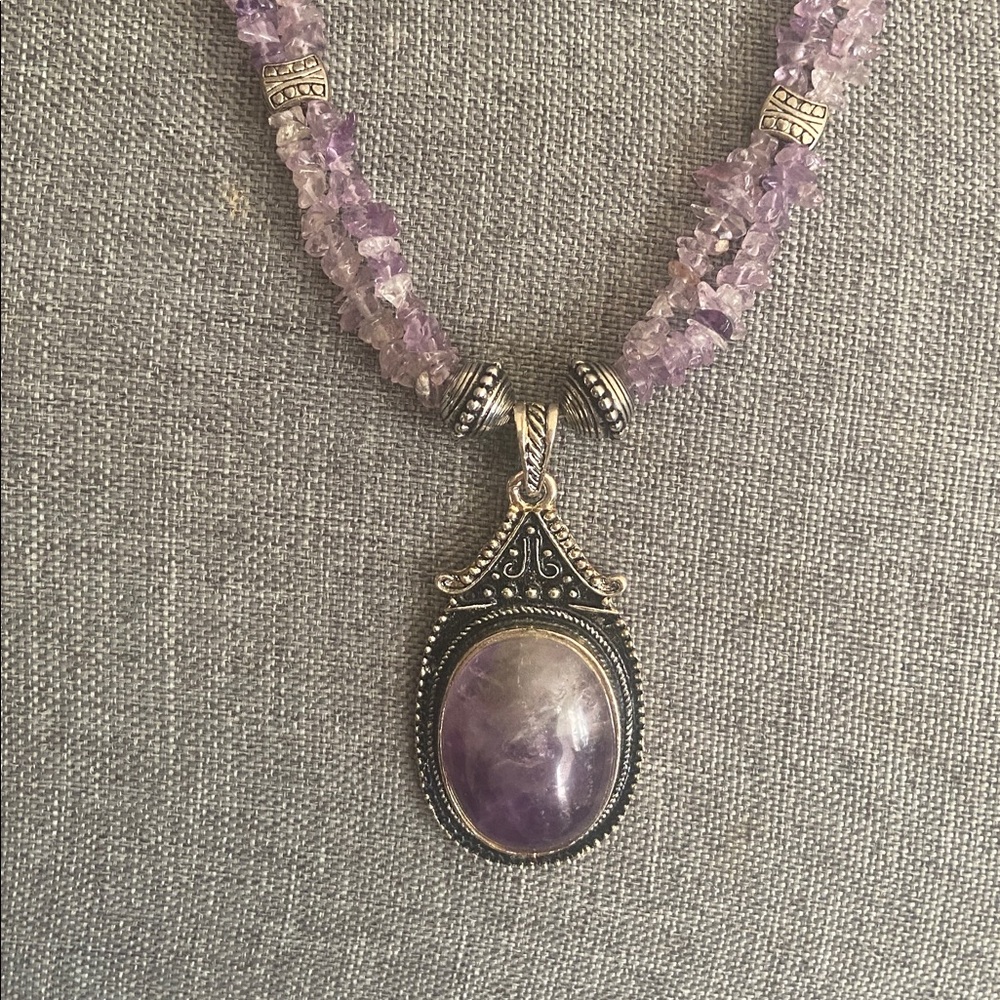 Vintage 90s Artisan Made Tibetan Silver Purple Stone Necklace